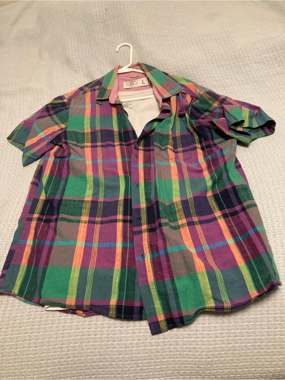 Men's Short-Sleeve Plaid Button-Down Shirt - Green & Purple